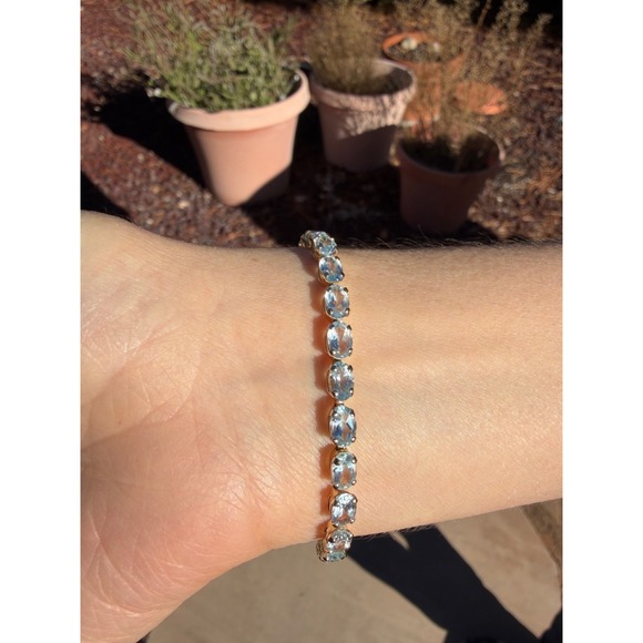 Vintage 14k Solid Yellow Gold Natural Aquamarine & Diamond Tennis Bracelet Heart - Picture 9 of 10